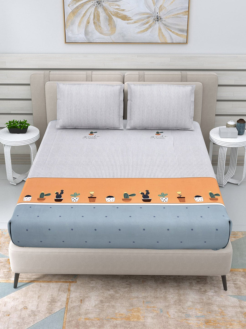 DREAM WEAVERZ White & Peach-Coloured Striped Glazed Cotton 220 TC King Bedsheet with 2 Pillow Covers | Grocsy