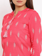 HERE&NOW Pink Mandarin Collar Ethnic Motifs Printed Pure Cotton Kurta | Grocsy