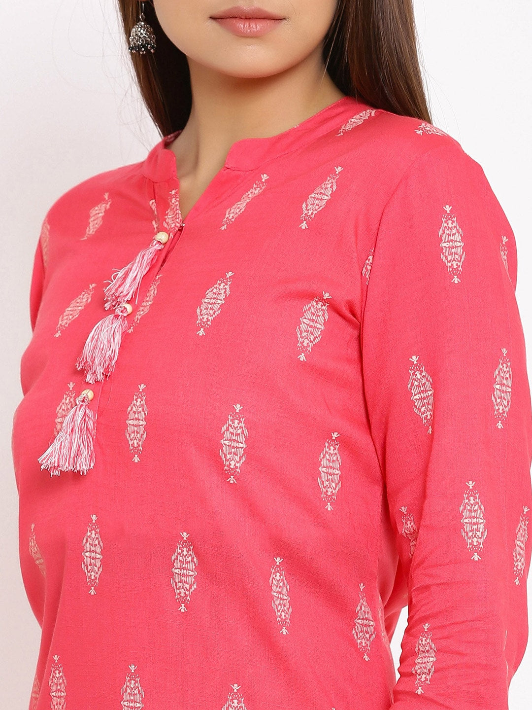 HERE&NOW Pink Mandarin Collar Ethnic Motifs Printed Pure Cotton Kurta | Grocsy