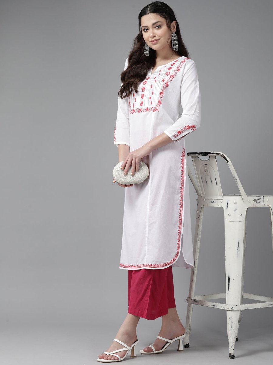 ADA Ethnic Motifs Chikankari Embroidered Floral Kurta | Grocsy