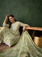 Green Crystal Organza schiffli embroidery Kurta With Trouser & Dupatta - Bhumi | Grocsy