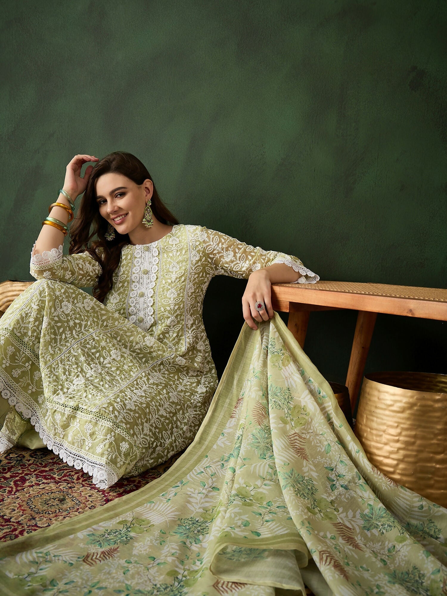 Green Crystal Organza schiffli embroidery Kurta With Trouser & Dupatta - Bhumi | Grocsy