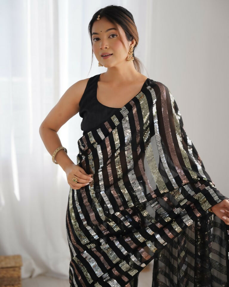 Black Georgette Sequance Embroidery Work Border Saree - Sitare | Grocsy