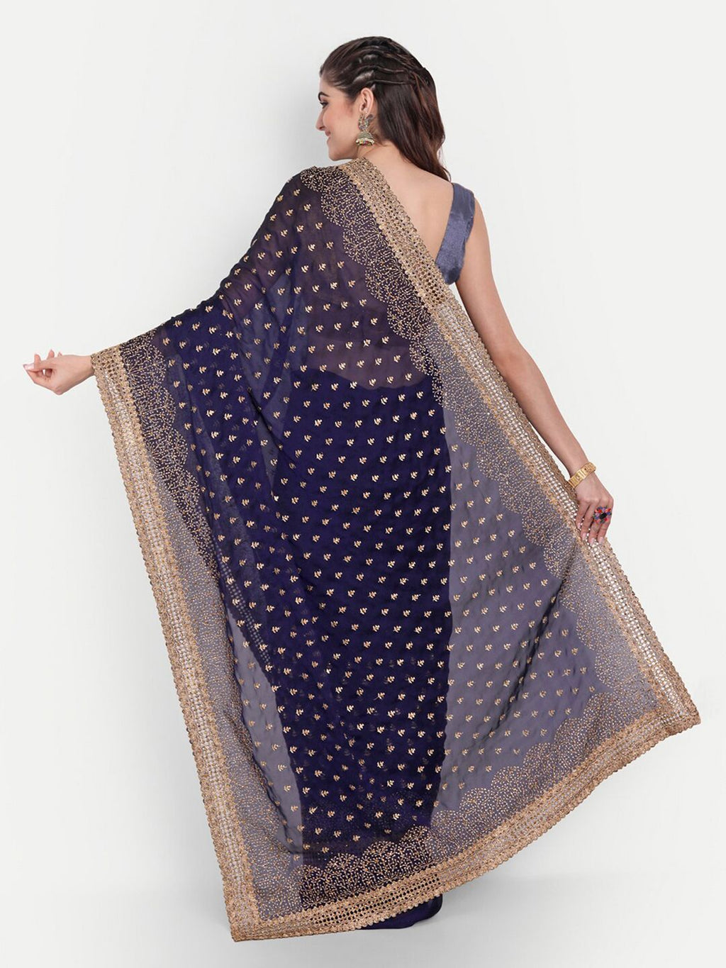 kasee Women Blue & Gold-Toned Floral Embroidered Art Silk Saree | Grocsy