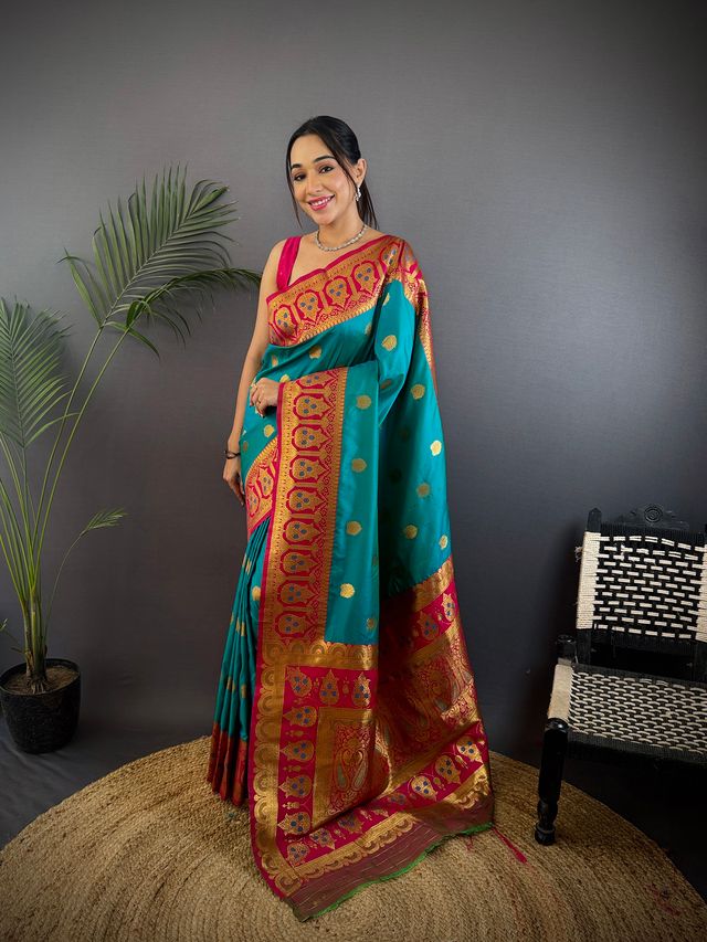 Elora Teal Soft Silk Butti Zari Weaving Constrast Pallu Banarasi Saree | Grocsy