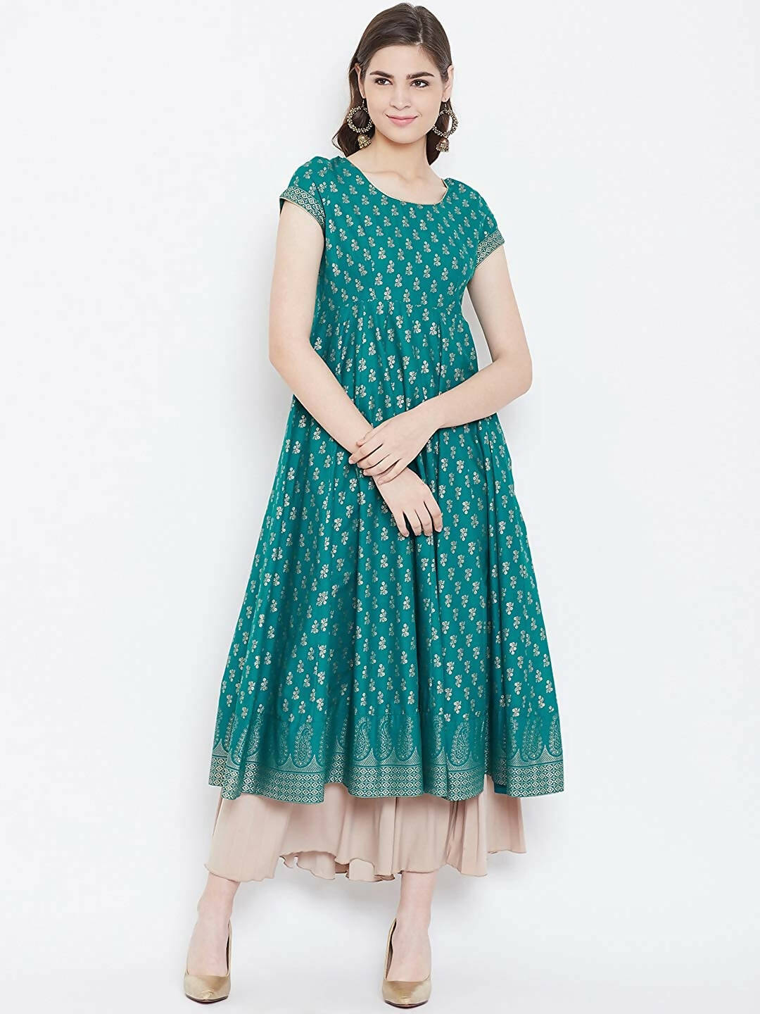 Cheera Embellished Daily Wear Cotton Blend Kurta - Turquoise Green | Grocsy