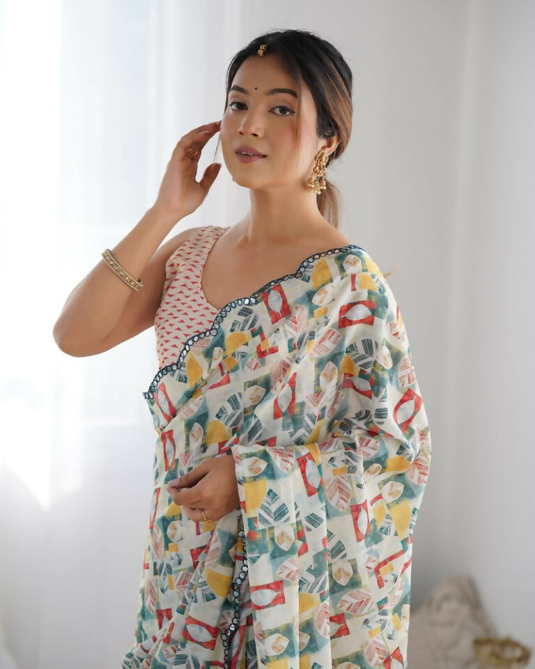 Off White Chinon Designer Digital Printed & Mirror Cut Work Saree - Kriti | Grocsy