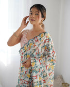 Off White Chinon Designer Digital Printed & Mirror Cut Work Saree - Kriti | Grocsy
