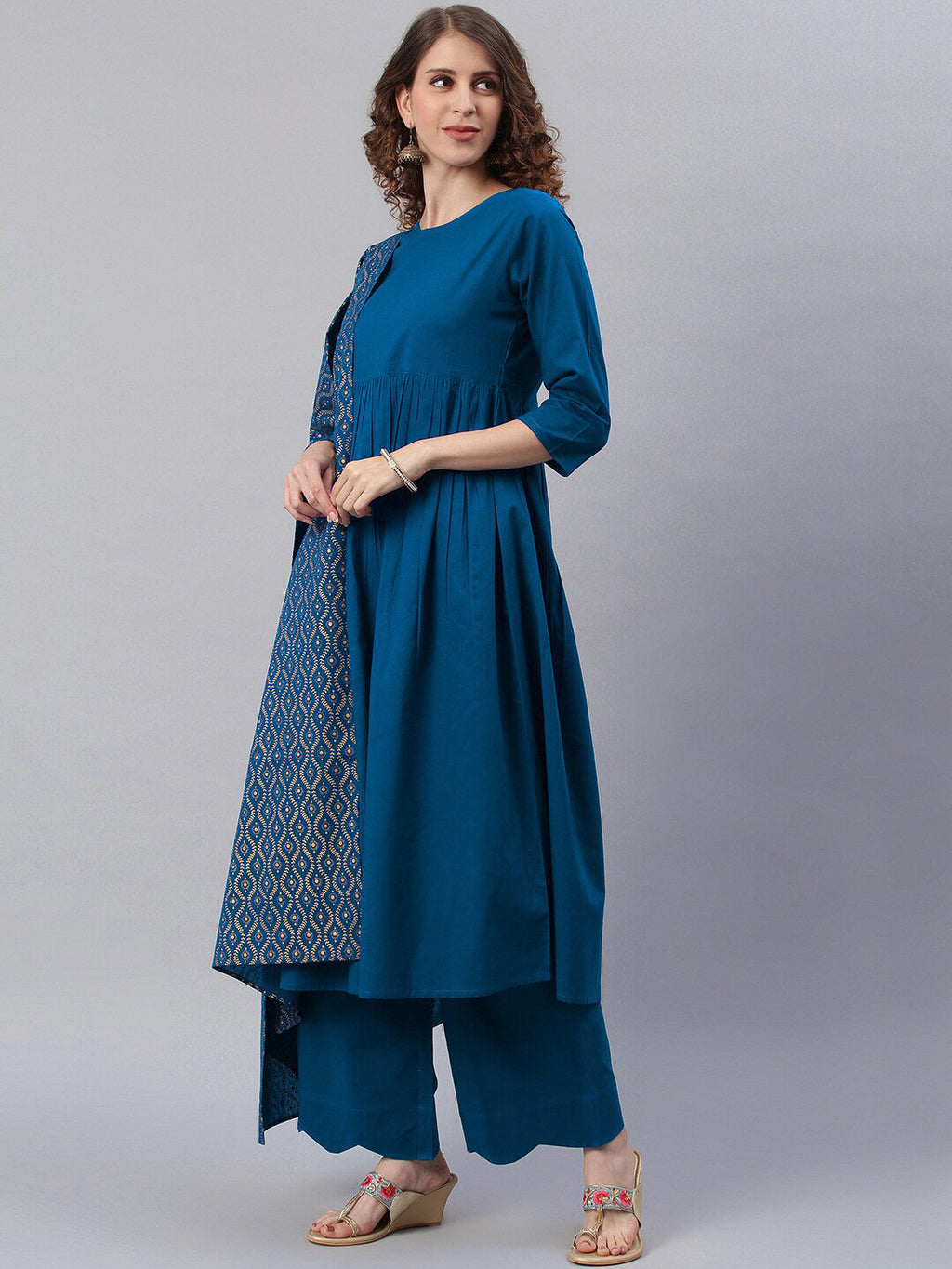 Janasya Women Blue Printed Pure Cotton Anarkali Kurta & Palazzos With Dupatta | Grocsy