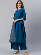 Janasya Women Blue Printed Pure Cotton Anarkali Kurta & Palazzos With Dupatta | Grocsy