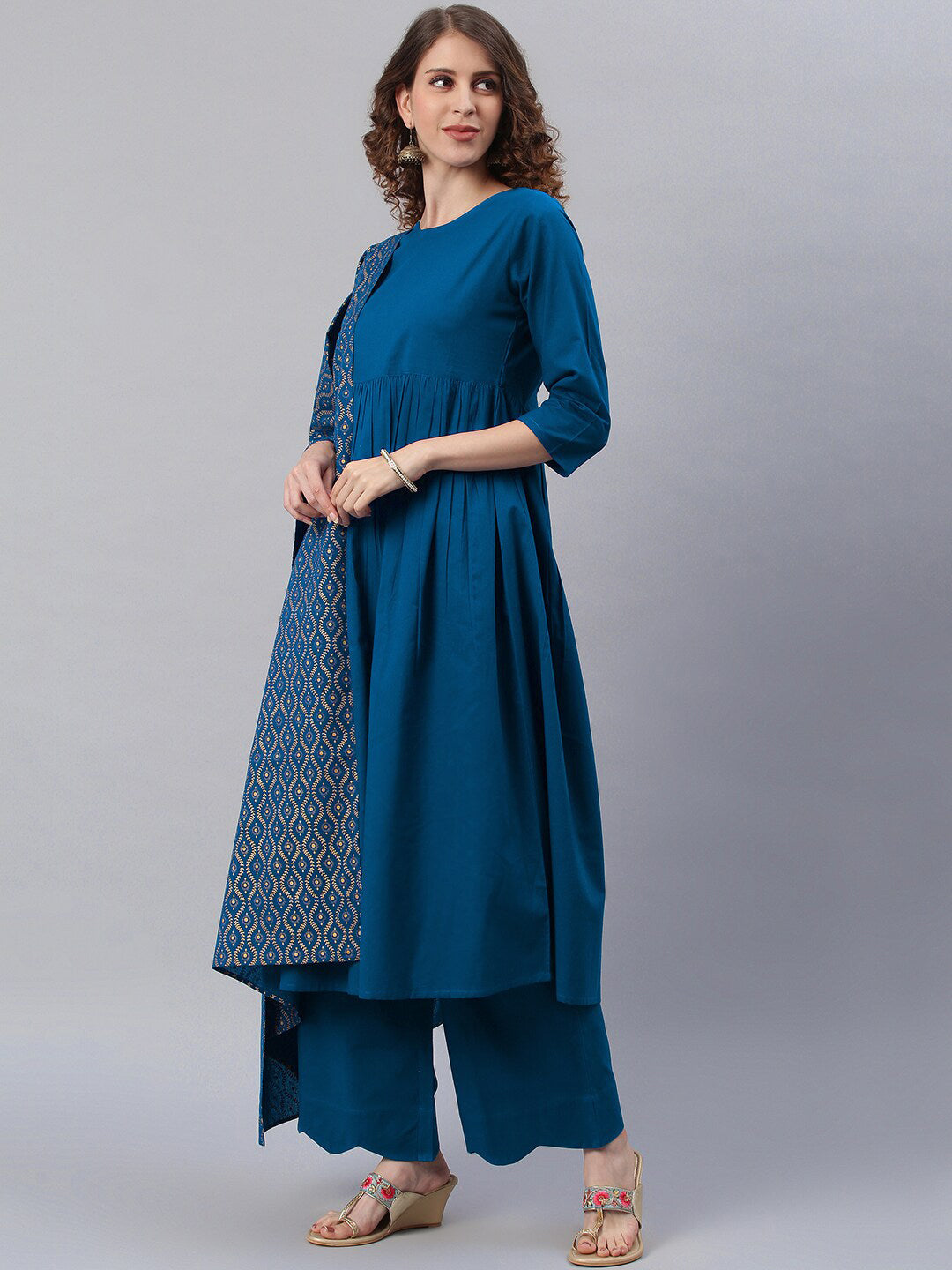 Janasya Women Blue Printed Pure Cotton Anarkali Kurta & Palazzos With Dupatta | Grocsy