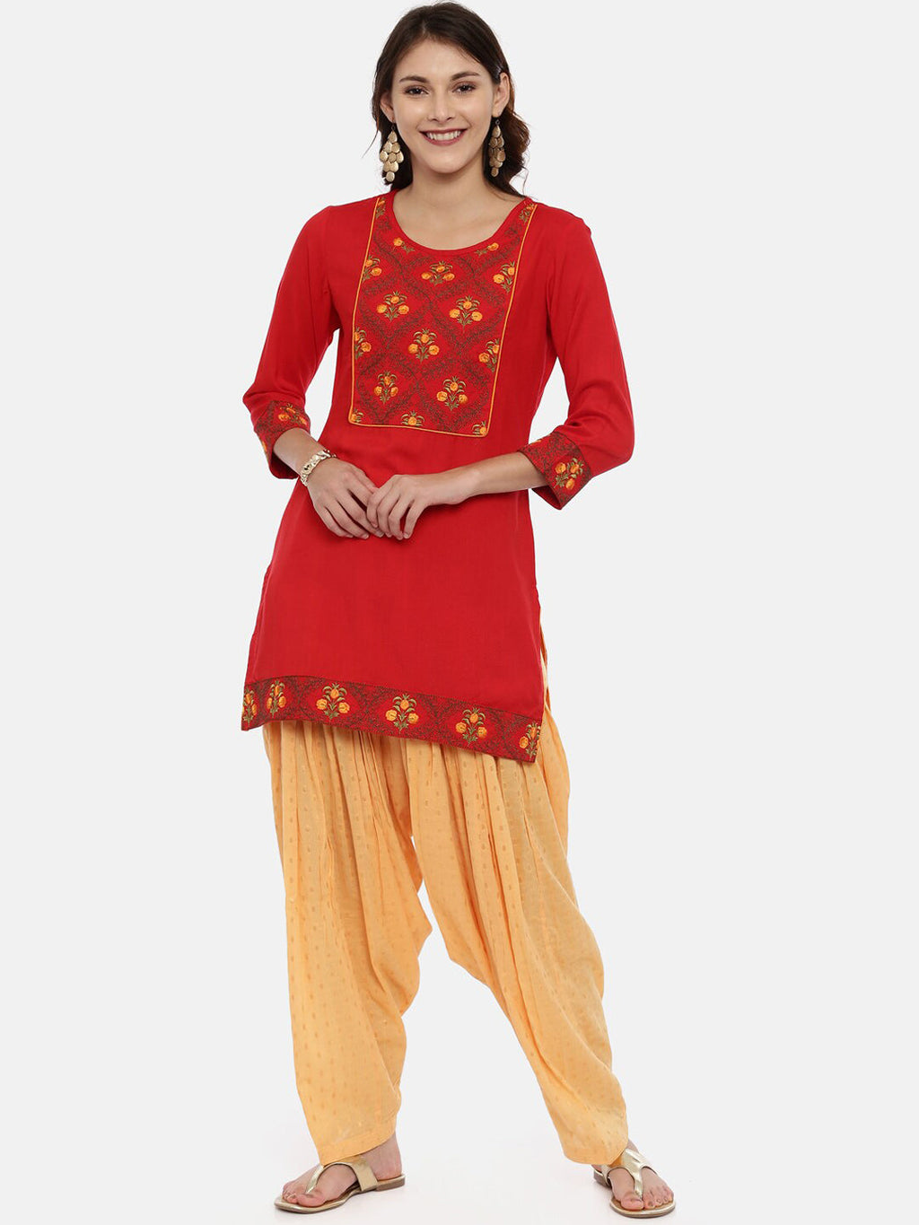 Souchii Women Red & Yellow Floral Yoke Design Kurta | Grocsy