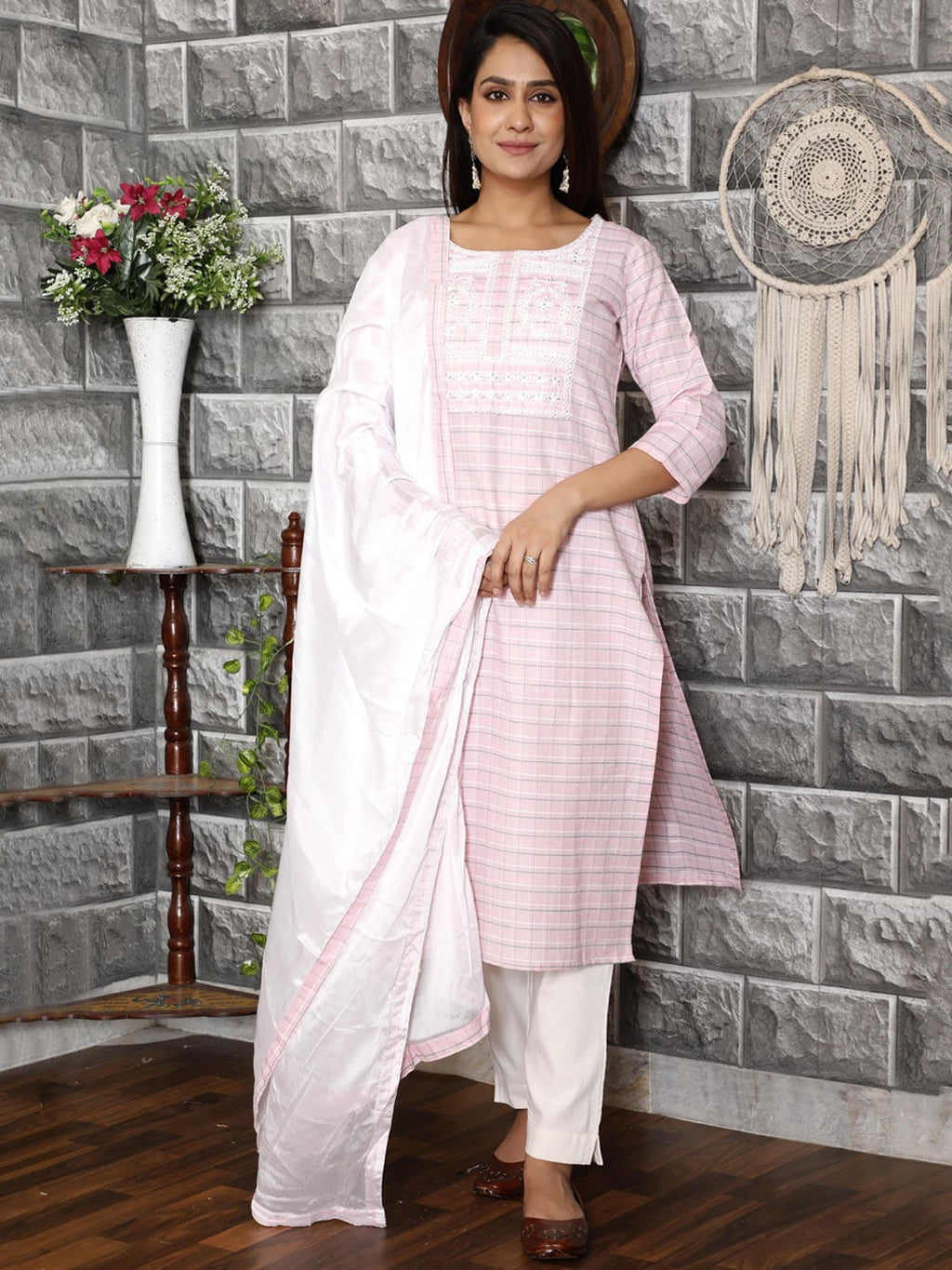 HERE&NOW Pink Embroidered Sequinned Pure Cotton Kurta with Trousers & With Dupatta | Grocsy