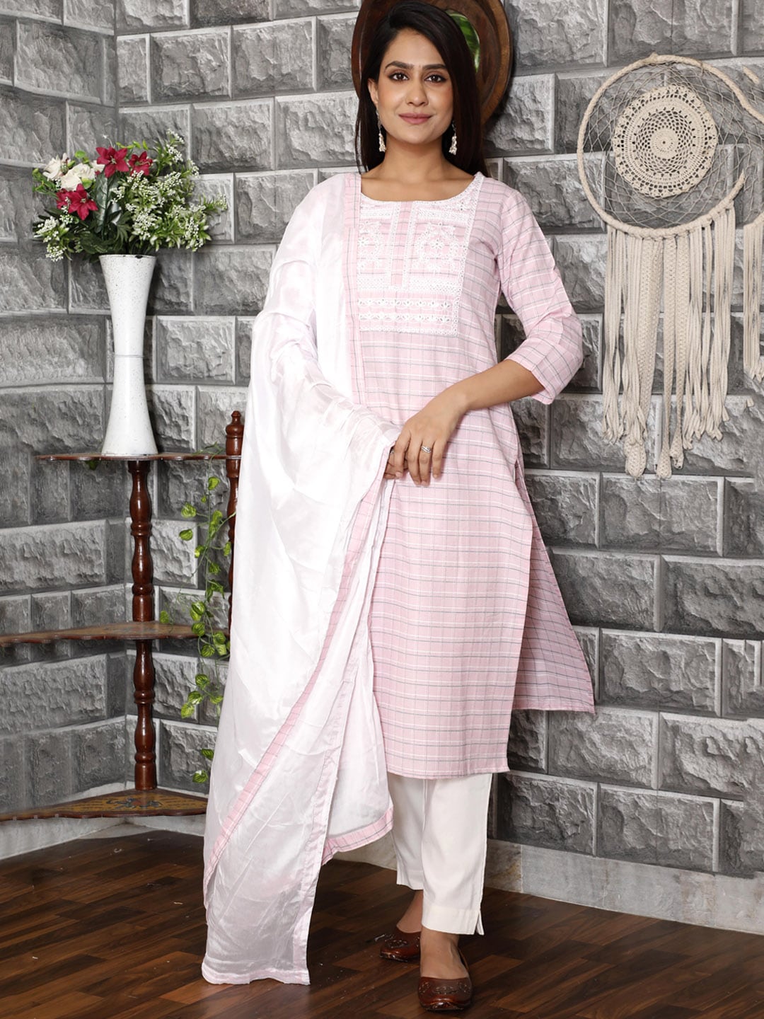 HERE&NOW Pink Embroidered Sequinned Pure Cotton Kurta with Trousers & With Dupatta | Grocsy