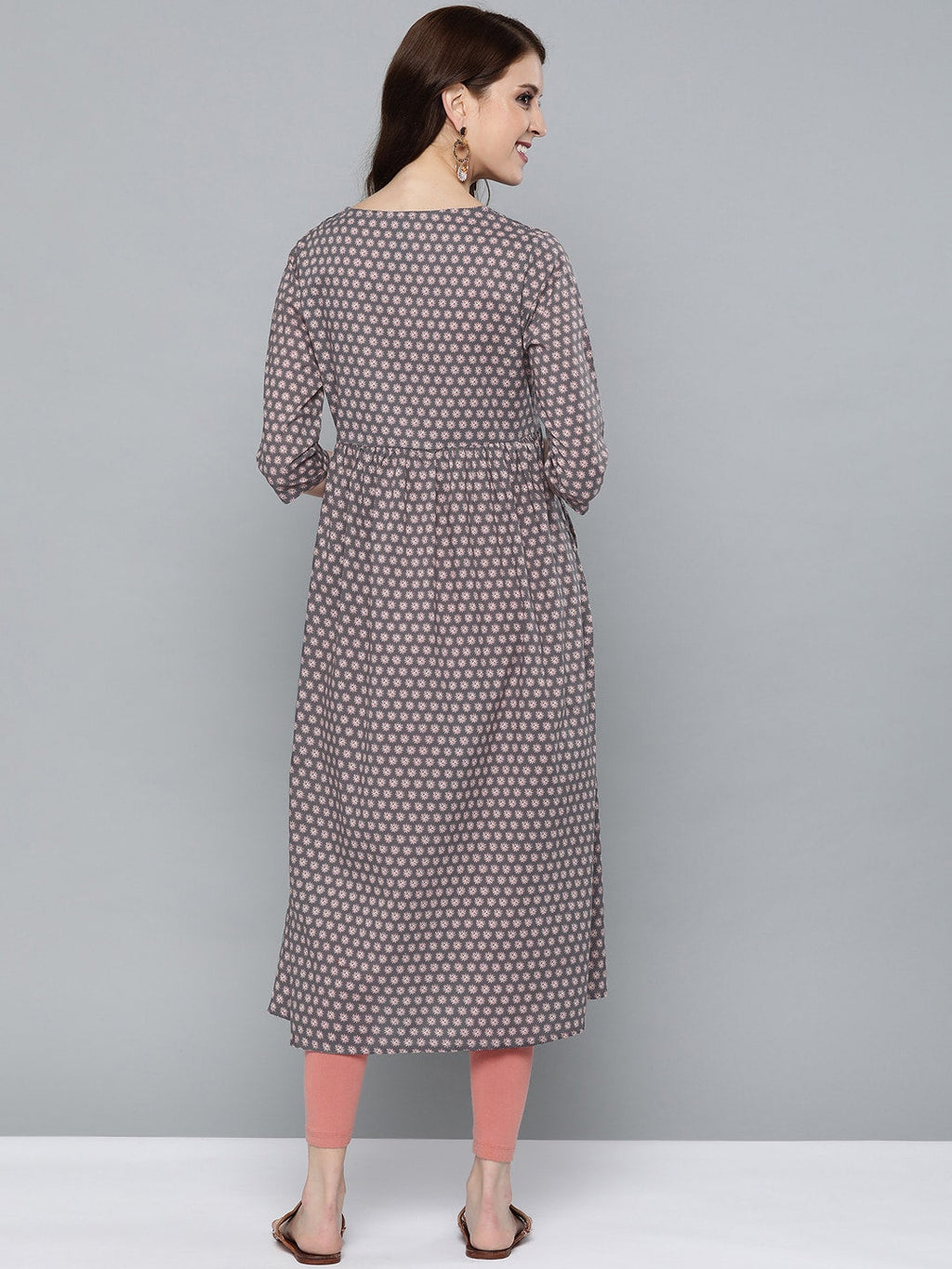HERE&NOW Women Grey & Pink Floral Print Empire A-Line Kurta | Grocsy