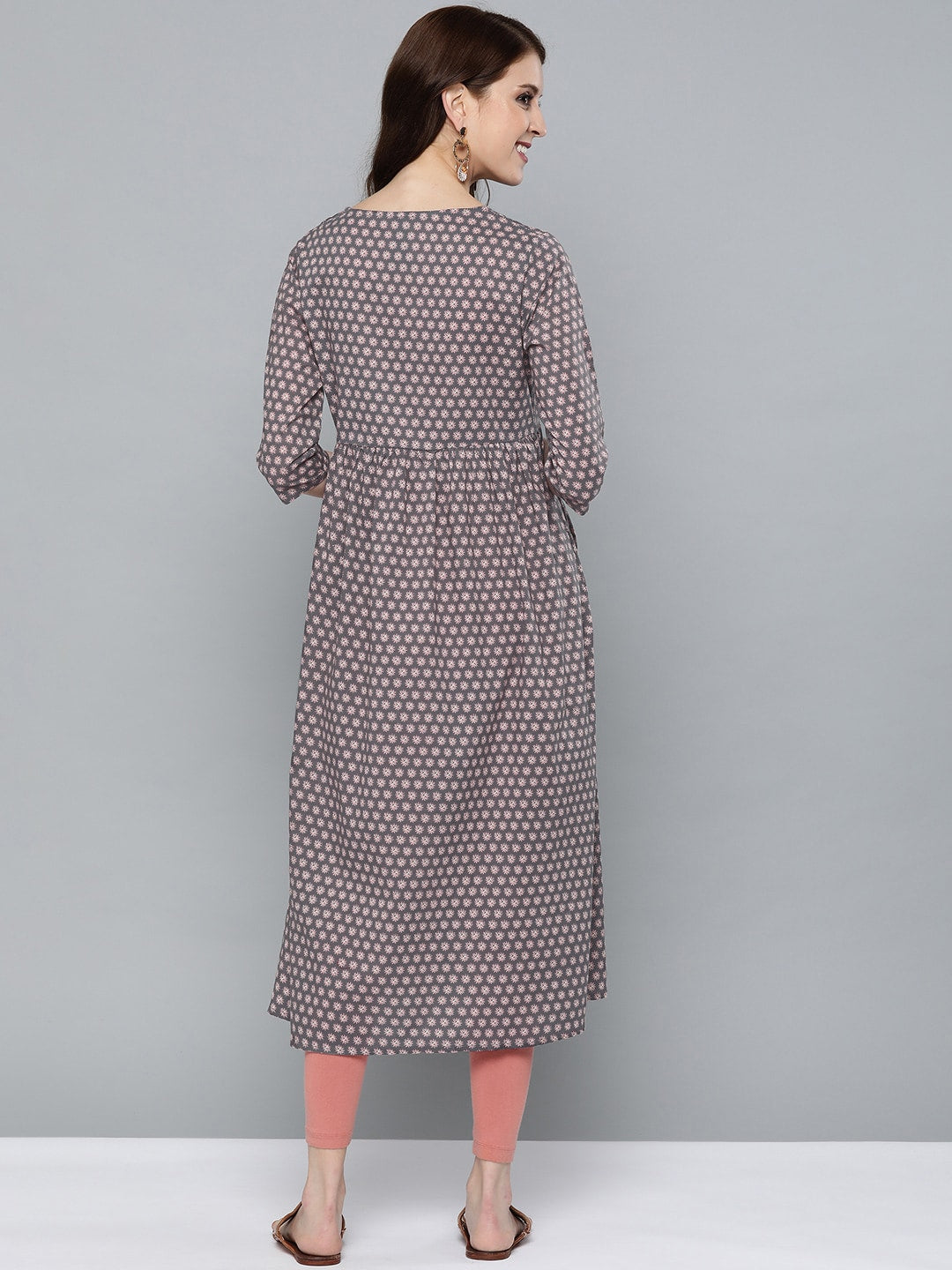HERE&NOW Women Grey & Pink Floral Print Empire A-Line Kurta | Grocsy