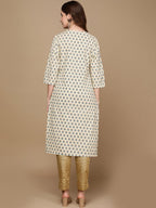HERE&NOW Cream-Color & Teal Ethnic Motifs Printed Sequined Cotton Kurta | Grocsy