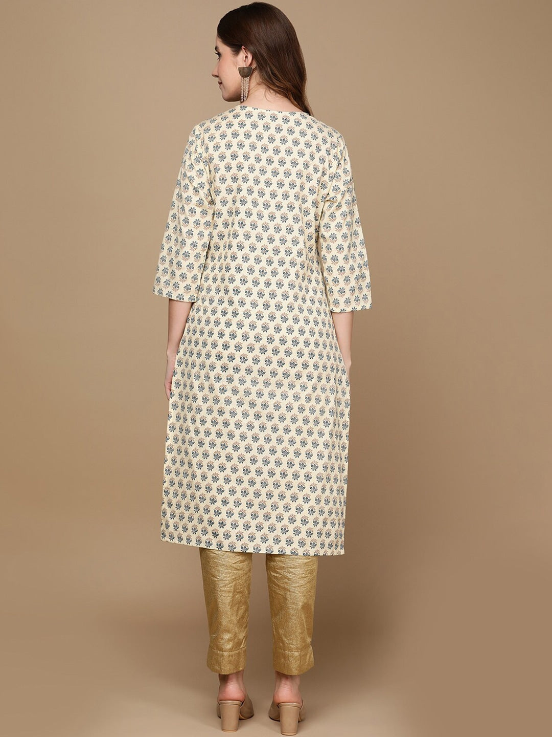 HERE&NOW Cream-Color & Teal Ethnic Motifs Printed Sequined Cotton Kurta | Grocsy
