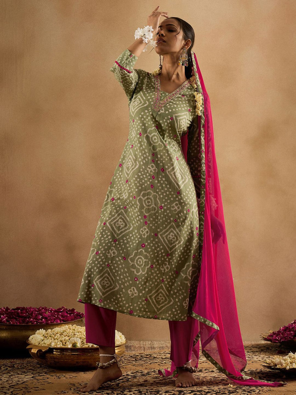 Indo Era Bandhani Printed Pure Cotton Kurta With Trousers & Dupatta | Grocsy