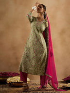 Indo Era Bandhani Printed Pure Cotton Kurta With Trousers & Dupatta | Grocsy