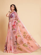 Sangria Peach-Coloured & Purple Floral Organza Saree | Grocsy