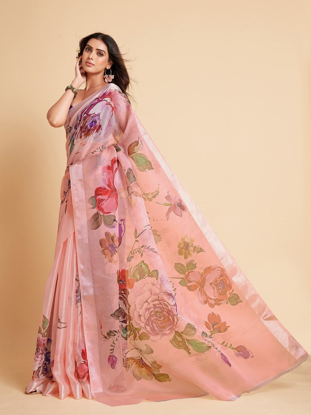 Sangria Peach-Coloured & Purple Floral Organza Saree | Grocsy
