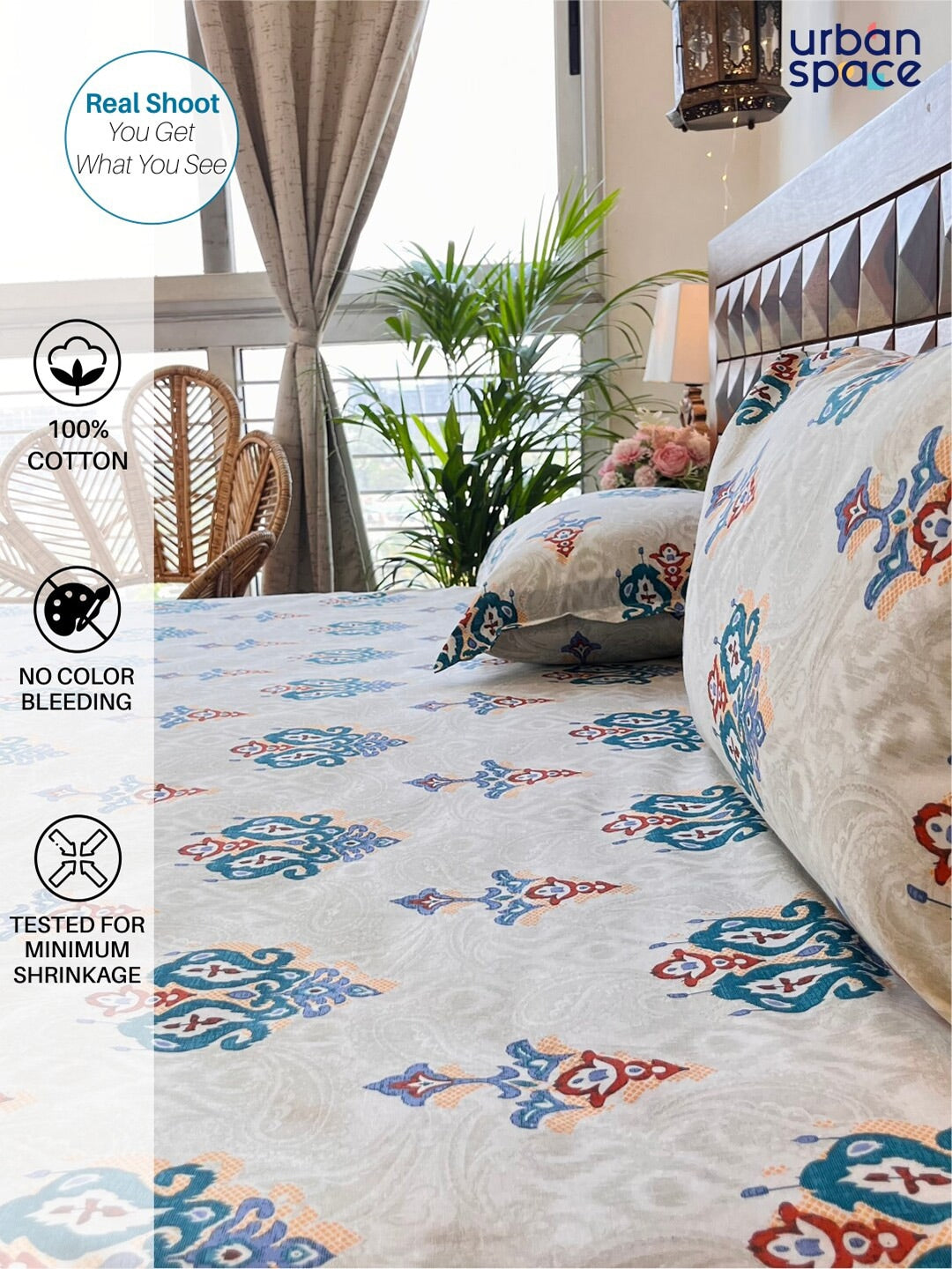 URBAN SPACE Divine White Ethnic Motifs 144 TC Cotton Queen Bedsheet & 2 Pillow Covers | Grocsy