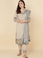 HERE&NOW Women Beige Floral Printed Pure Cotton Kurta with Trousers & With Dupatta | Grocsy