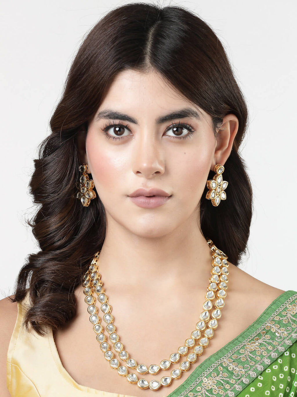 NVR Women's Gold-Polished Kundan 2 Layered Handcrafted Jewellery Sets With Drop Earrings | Grocsy