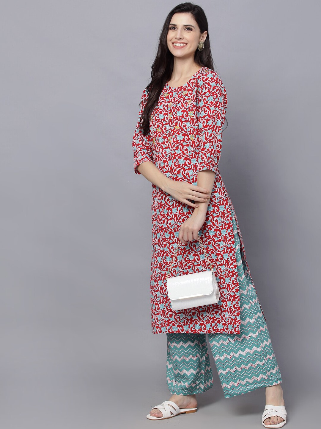 HERE&NOW Women Maroon Printed Kurta With Palazzos | Grocsy