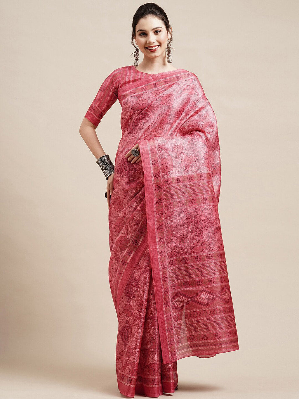 Saree Mall Peach-Coloured & White Floral Art Silk Sarees | Grocsy