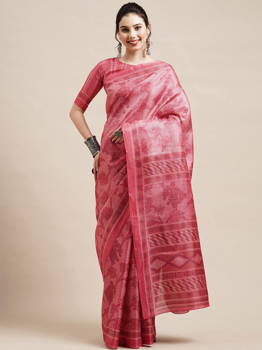 Saree Mall Peach-Coloured & White Floral Art Silk Sarees | Grocsy