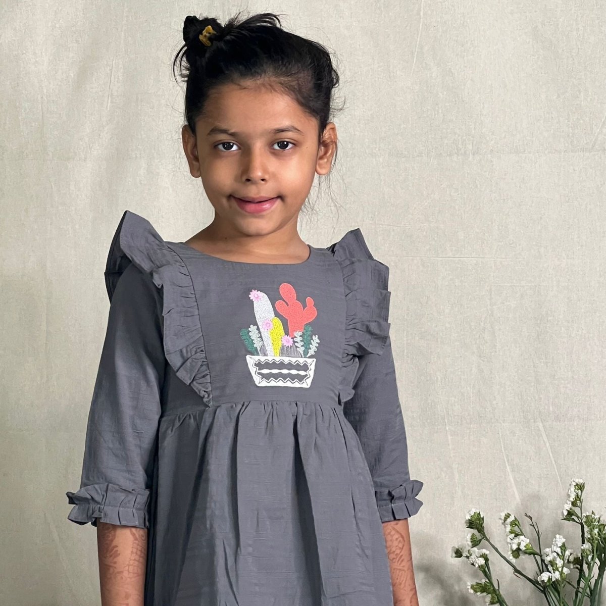 ArthLife Grey Cactus Embroidered Dress | Grocsy