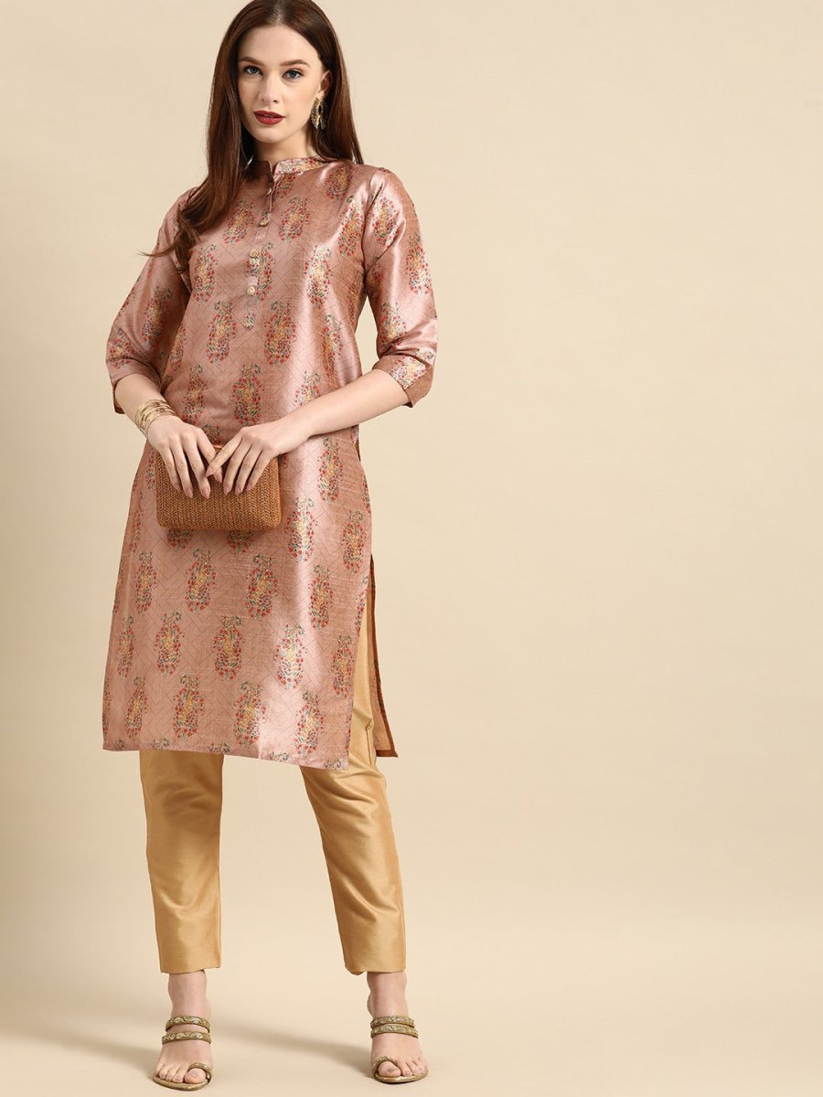 All About You Women Pink Paisley Print Mandarin Collar Pastels Chanderi Silk Blend Kurta | Grocsy