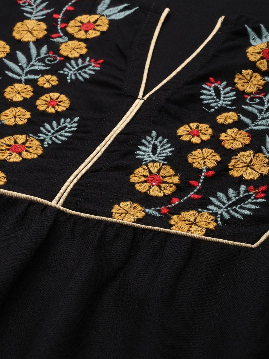All About You Women Black Floral Yoke Design Embroidered Thread Work Straight Kurta | Grocsy