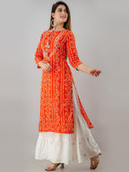 HERE&NOW Orange Tie Up Neck Bandhani Printed Gotta Patti Kurta | Grocsy