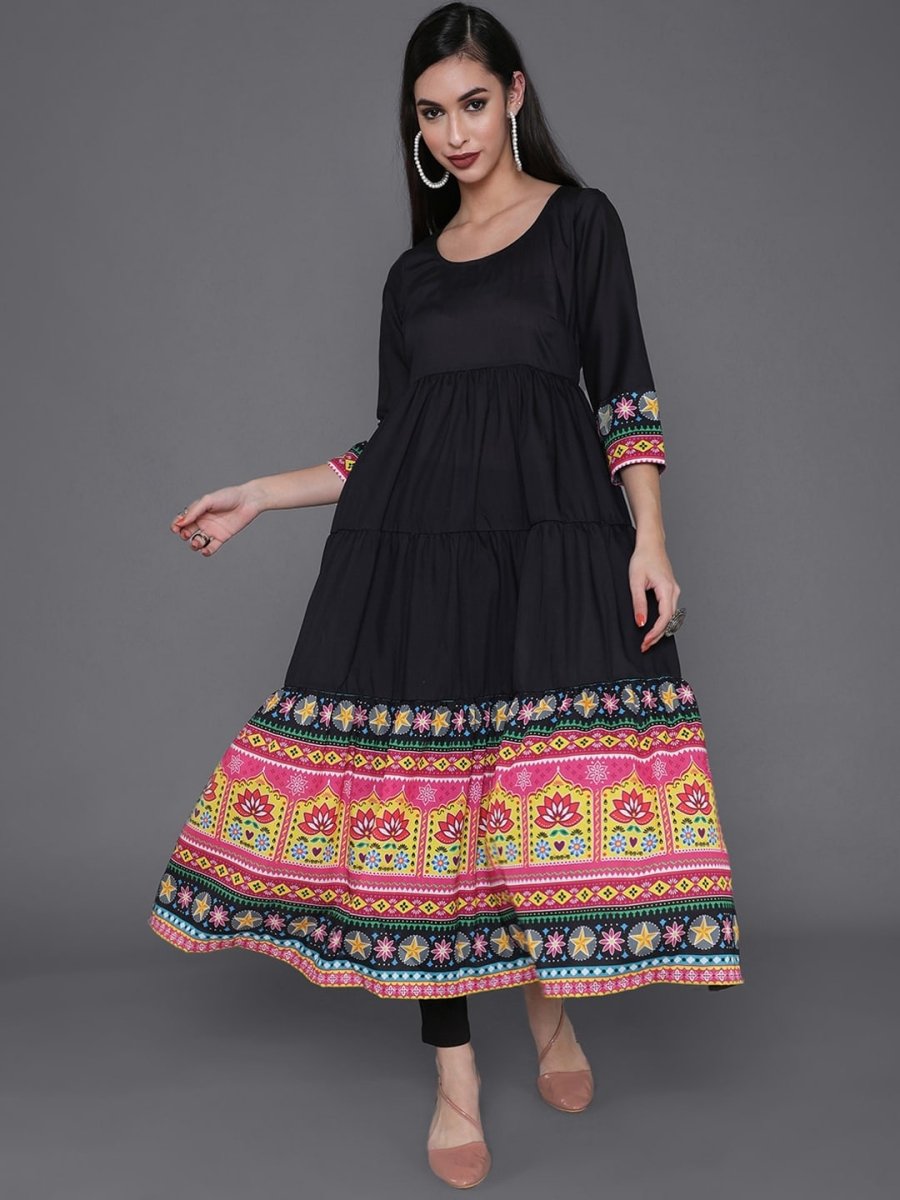 Aks Ethnic Motifs Printed Round Neck Tiered Anarkali Kurta | Grocsy