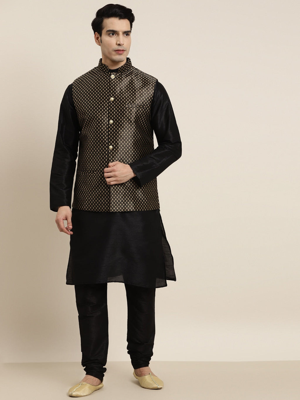 Sojanya Men Black Solid Kurta with Churidar & Nehru Jacket | Grocsy