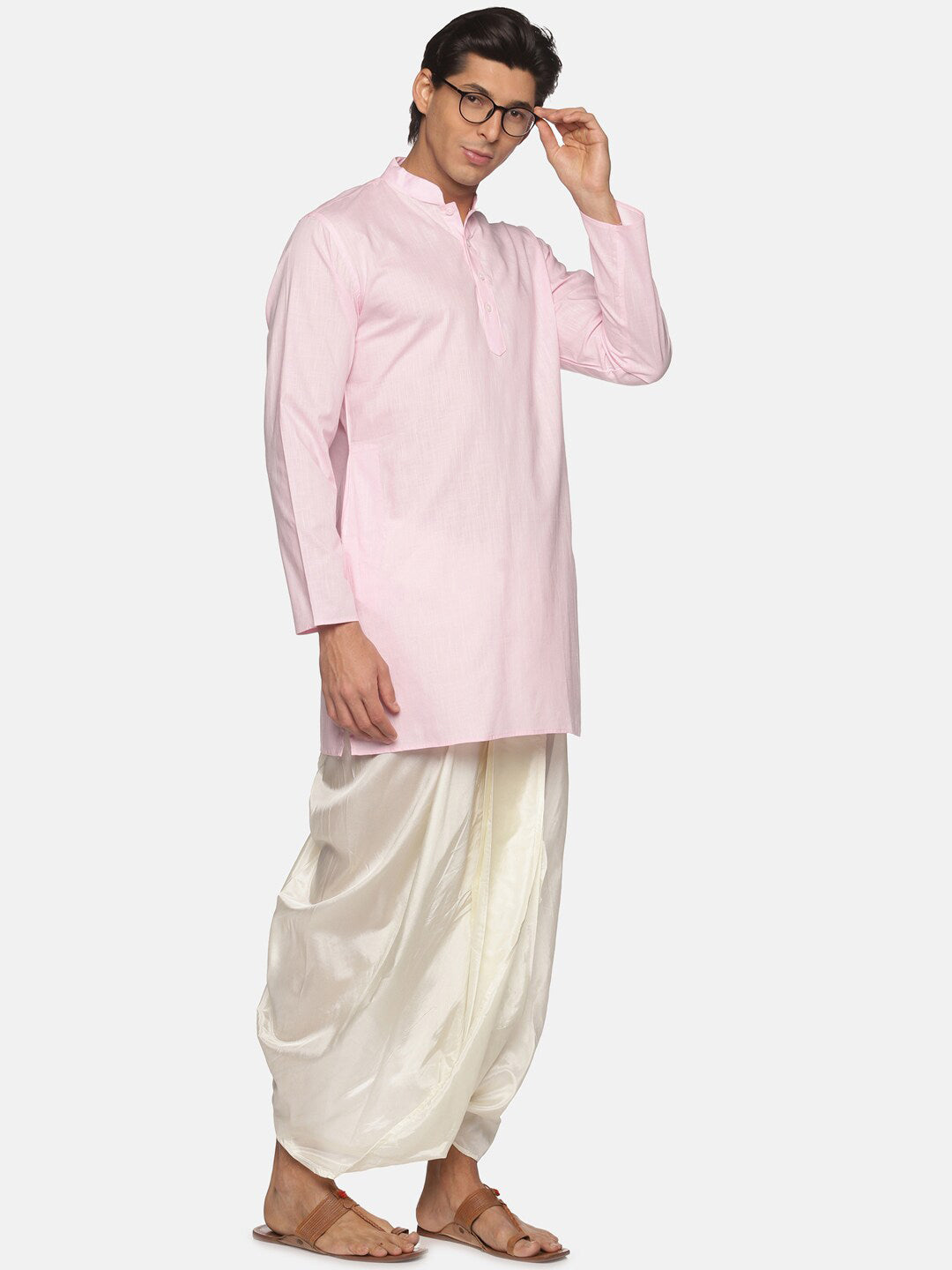 Sethukrishna Men Pink Pure Cotton Kurta with Dhoti Pants | Grocsy