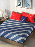 Nautica Blue & Red Striped Cotton 160 TC King Bedsheet With 2 Pillow Covers | Grocsy