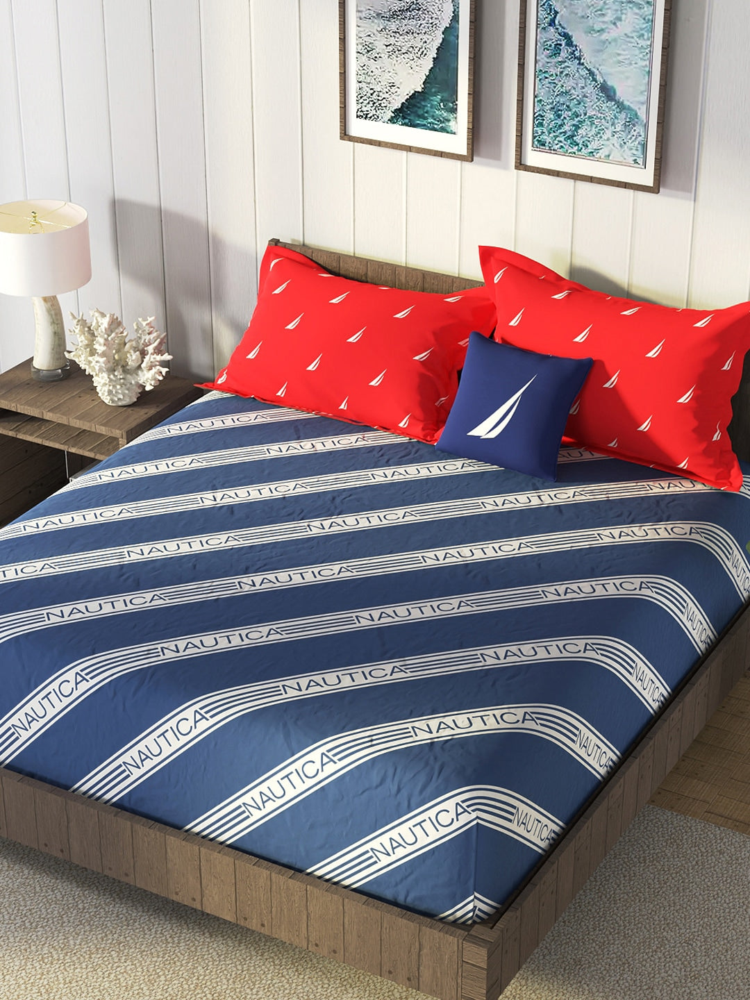 Nautica Blue & Red Striped Cotton 160 TC King Bedsheet With 2 Pillow Covers | Grocsy