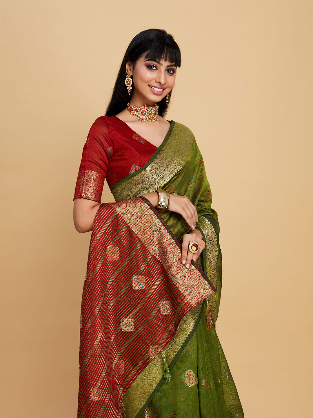 Sangria Green Ethnic Motifs Woven Design Zari Organza Saree | Grocsy