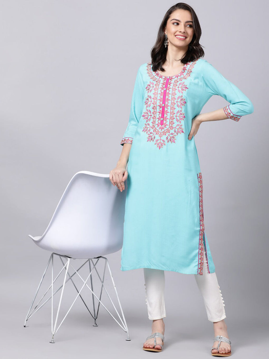 Souchii Women Blue & Pink Embroidered Round Neck Straight Kurta | Grocsy