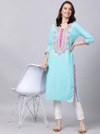 Souchii Women Blue & Pink Embroidered Round Neck Straight Kurta | Grocsy