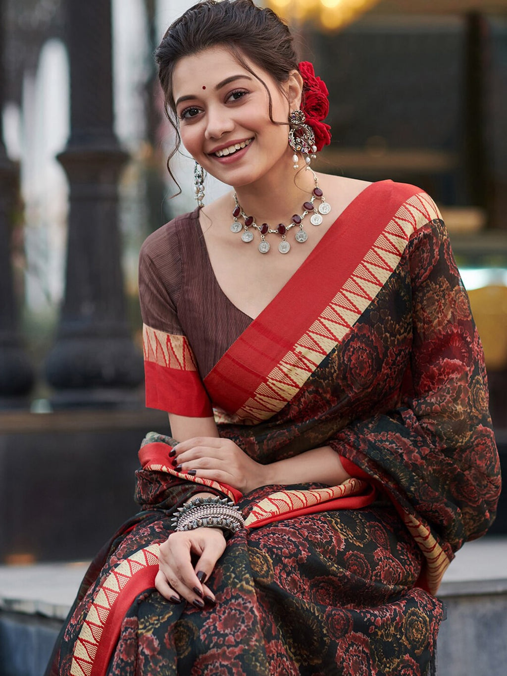 Saree Mall Floral Printed Linen Blend Block Print Sarees | Grocsy