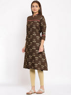 HERE&NOW Brown & Beige Mandarin Collar Floral Printed Straight Kurta | Grocsy