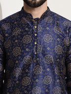 Sojanya Men Navy Blue & Golden Ethnic Motifs Printed Indigo Kurta | Grocsy