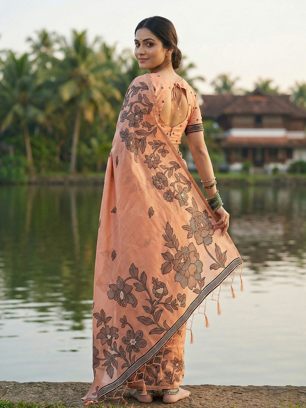 Shree Shyam Fashion Orange Linen Cotton Saree | Grocsy