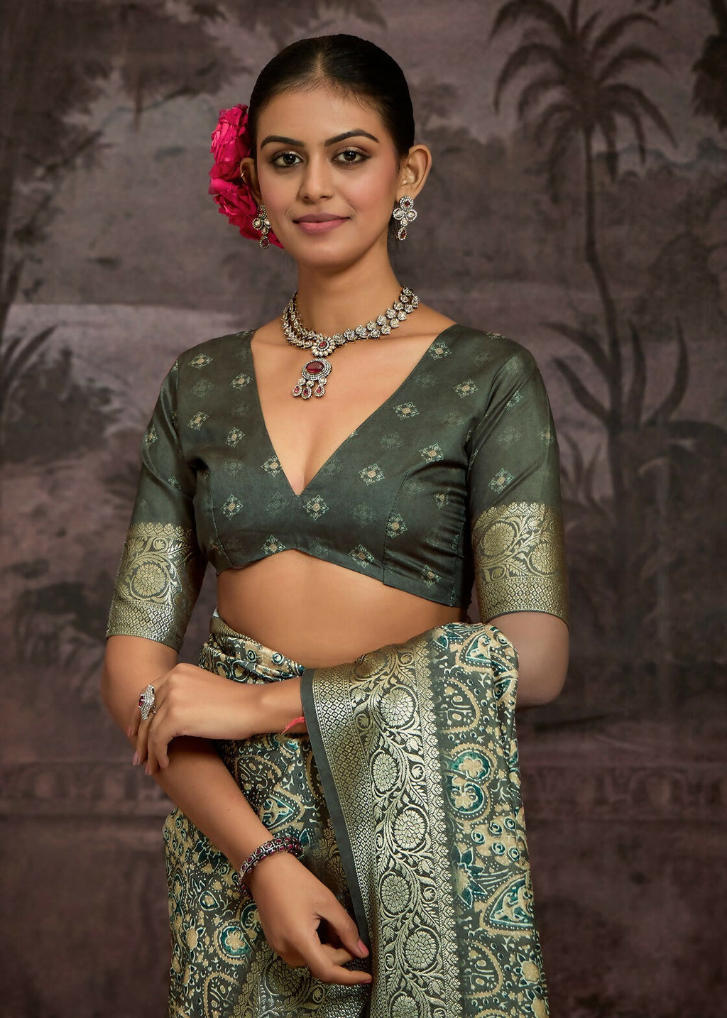Joban Fashion Green Art Silk With Fine Viscose Border Ajrak Full Body Print With Soft Finish Saree | Grocsy