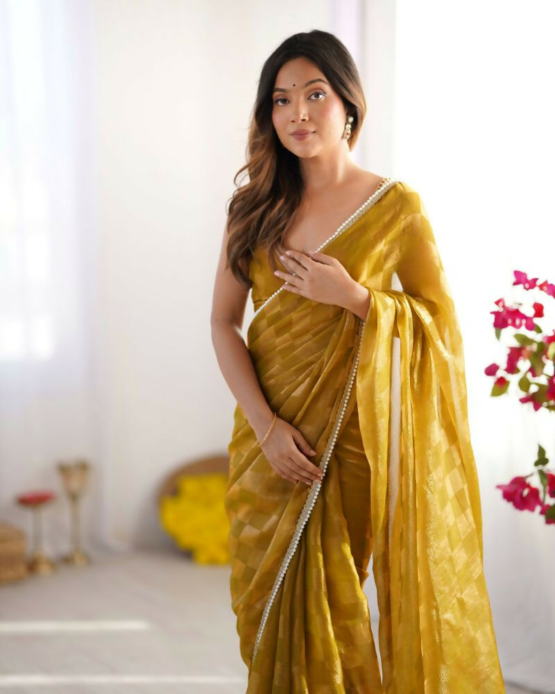 NC Chiffon Chex Wevon Chex Designer, Lace Party Wear Saree - Mustard | Grocsy